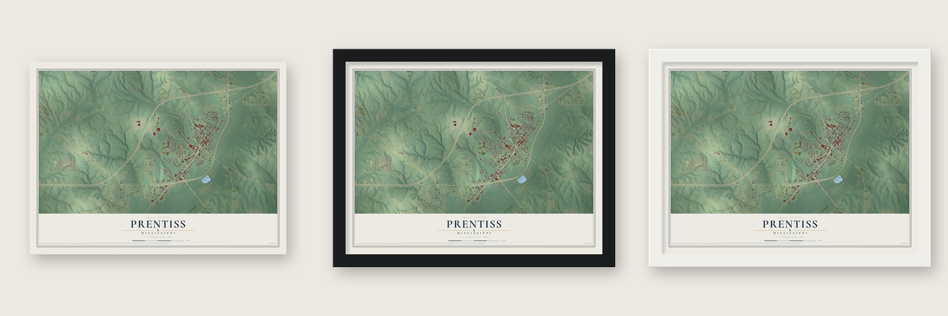 Prentiss, Mississippi map unframed, in a black wood frame and in a white wood frame