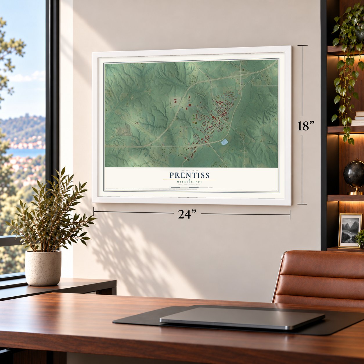 Prentiss, Mississippi map, 18 x 24 inch print in a white frame in a home office