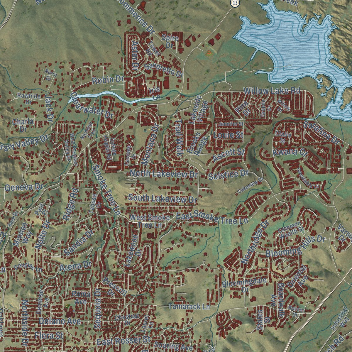 Second close-up of the map of Prescott, Arizona print showing more streets and buildings