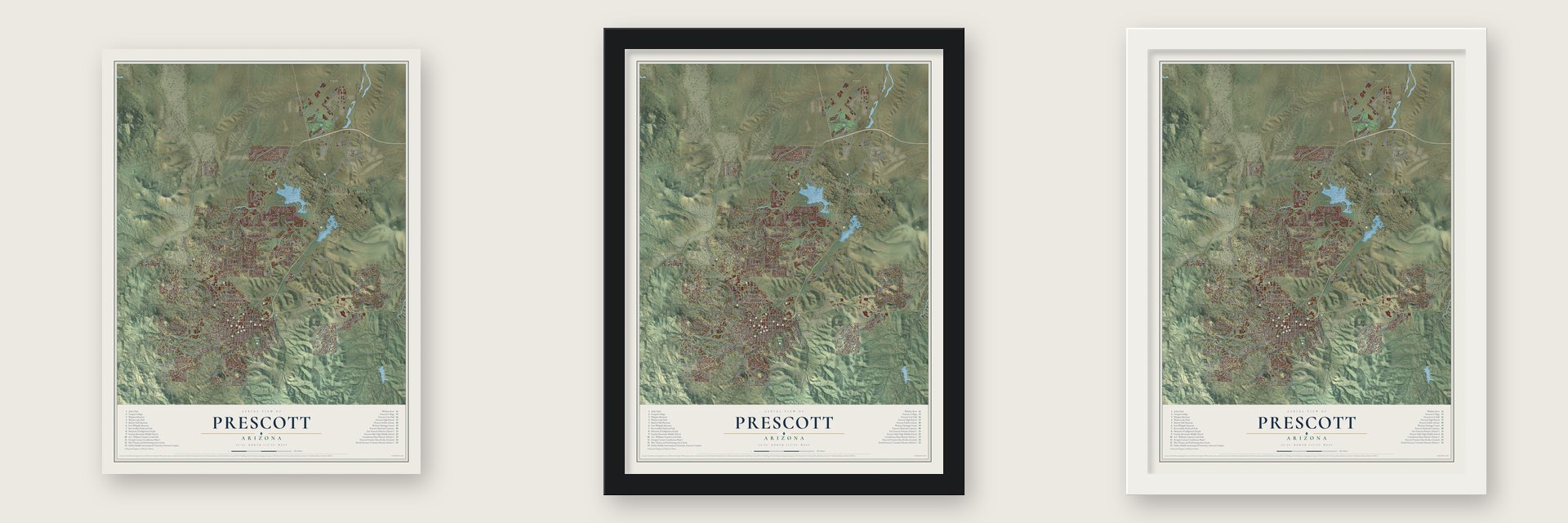 Prescott, Arizona map unframed, in a black wood frame and in a white wood frame