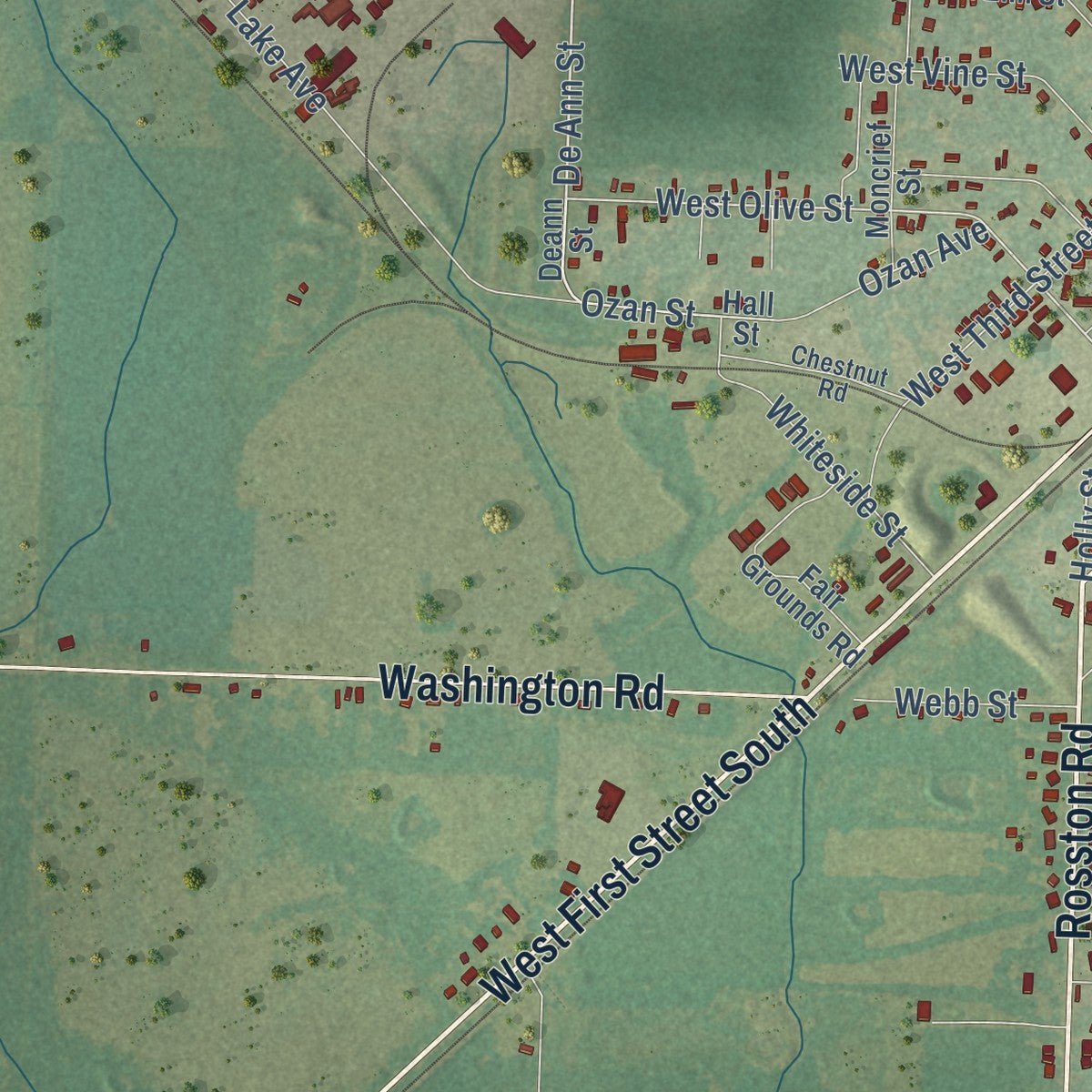 Second close-up of the map of Prescott, Arkansas print showing more streets and buildings