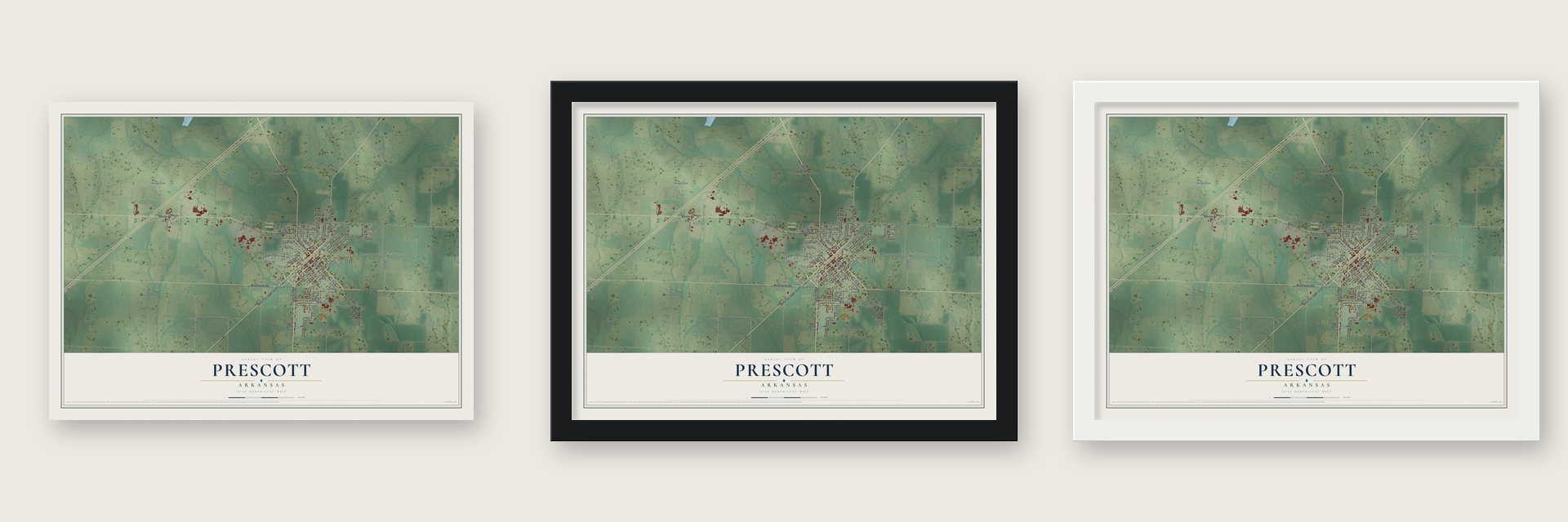 Prescott, Arkansas map unframed, in a black wood frame and in a white wood frame