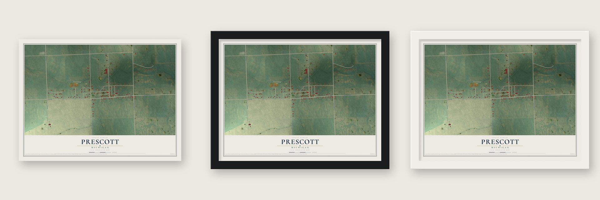 Prescott, Michigan map unframed, in a black wood frame and in a white wood frame