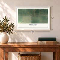 Prescott, Michigan map, 12 x 18 inch print in a white frame in an entryway