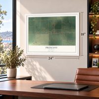 Prescott, Michigan map, 18 x 24 inch print in a white frame in a home office
