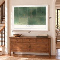 Prescott, Michigan map, 24 x 36 inch print in a white frame above a dresser by a staircase