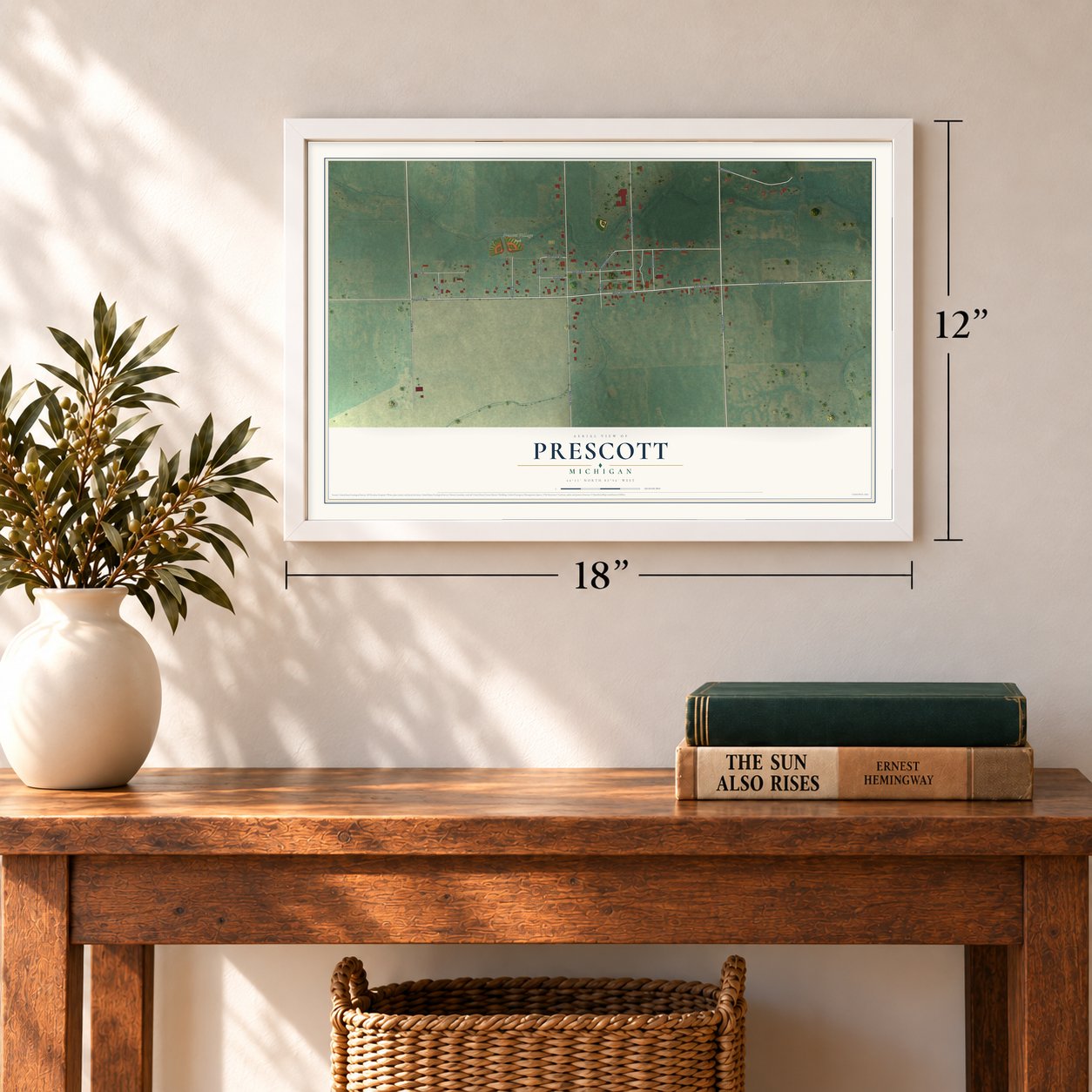 Prescott, Michigan map, 12 x 18 inch print in a white frame in an entryway