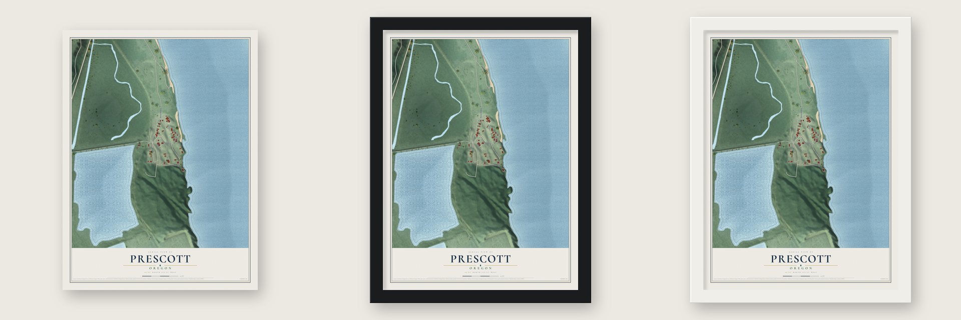 Prescott, Oregon map unframed, in a black wood frame and in a white wood frame