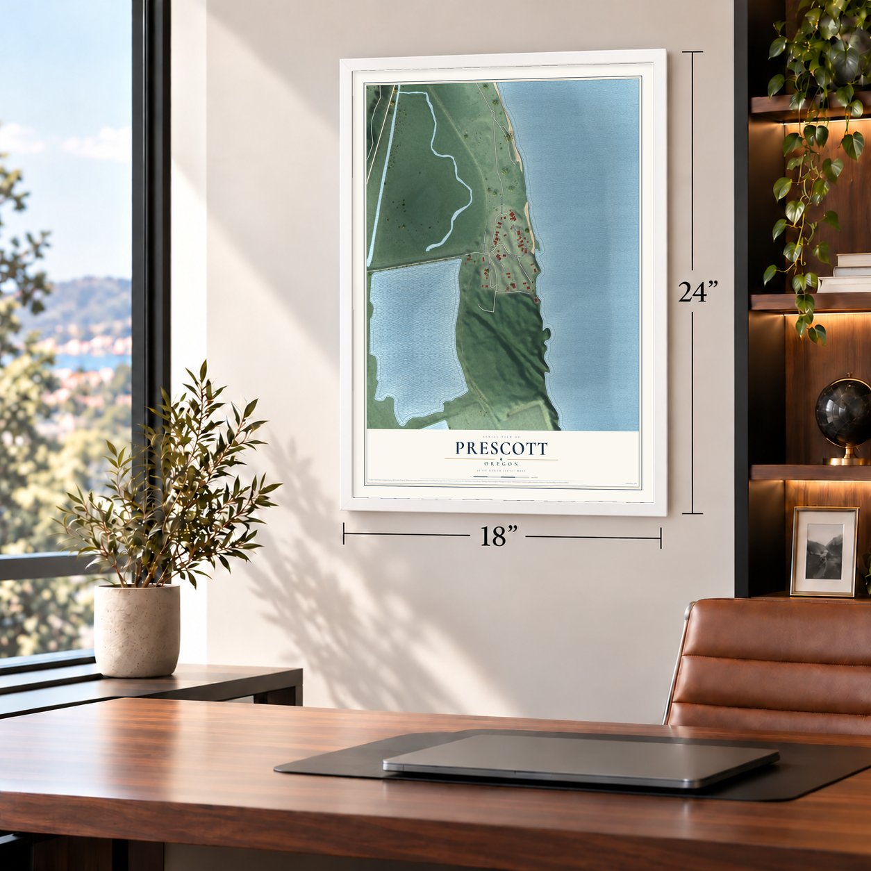 Prescott, Oregon map, 18 x 24 inch print in a white frame in a home office