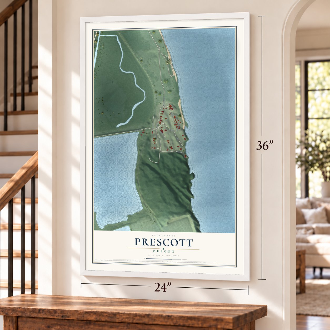 Prescott, Oregon map, 24 x 36 inch print in a white frame by a staircase