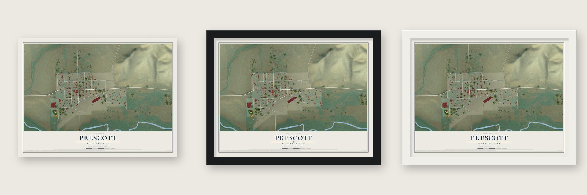 Prescott, Washington map unframed, in a black wood frame and in a white wood frame
