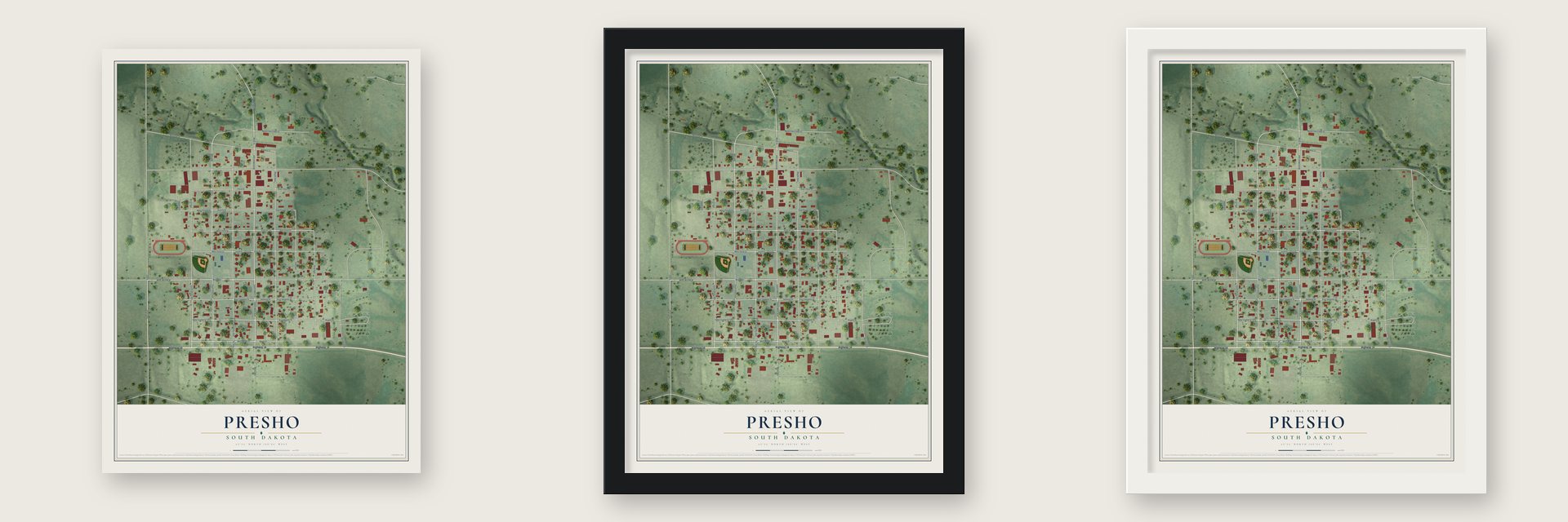 Presho, South Dakota map unframed, in a black wood frame and in a white wood frame