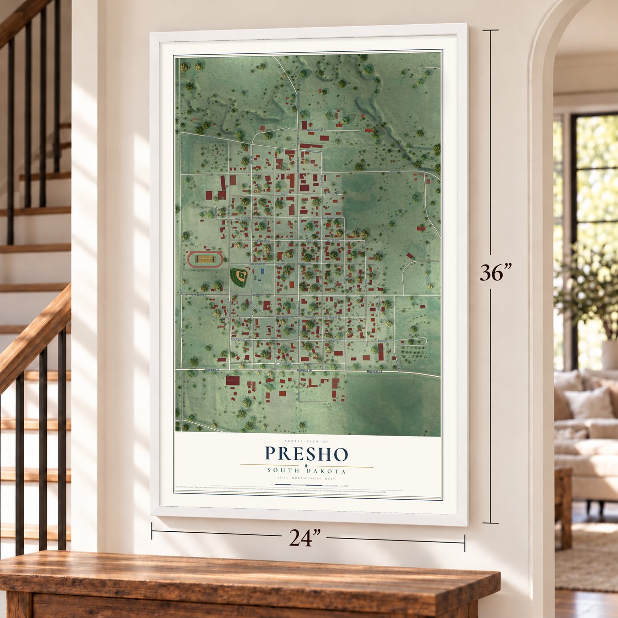 Presho, South Dakota map, 24 x 36 inch print in a white frame by a staircase