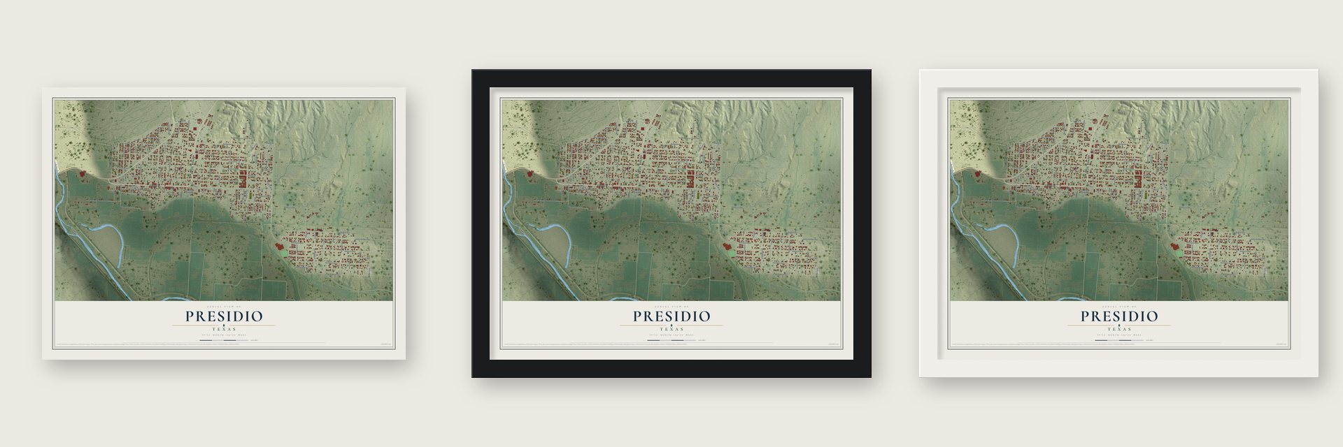 Presidio, Texas map unframed, in a black wood frame and in a white wood frame