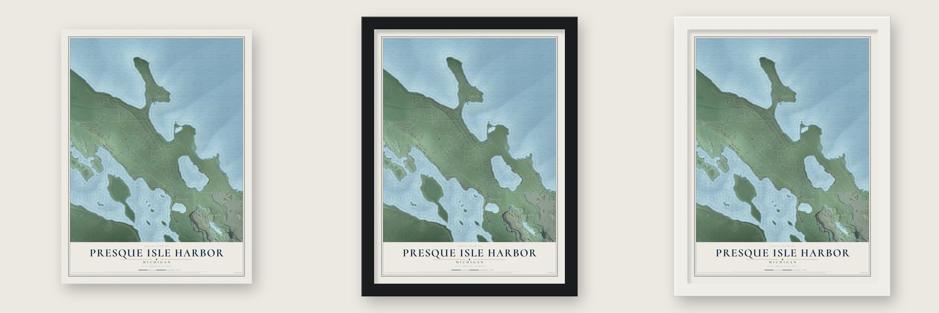 Presque Isle Harbor, Michigan map unframed, in a black wood frame and in a white wood frame