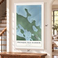Presque Isle Harbor, Michigan map, 24 x 36 inch print in a white frame by a staircase