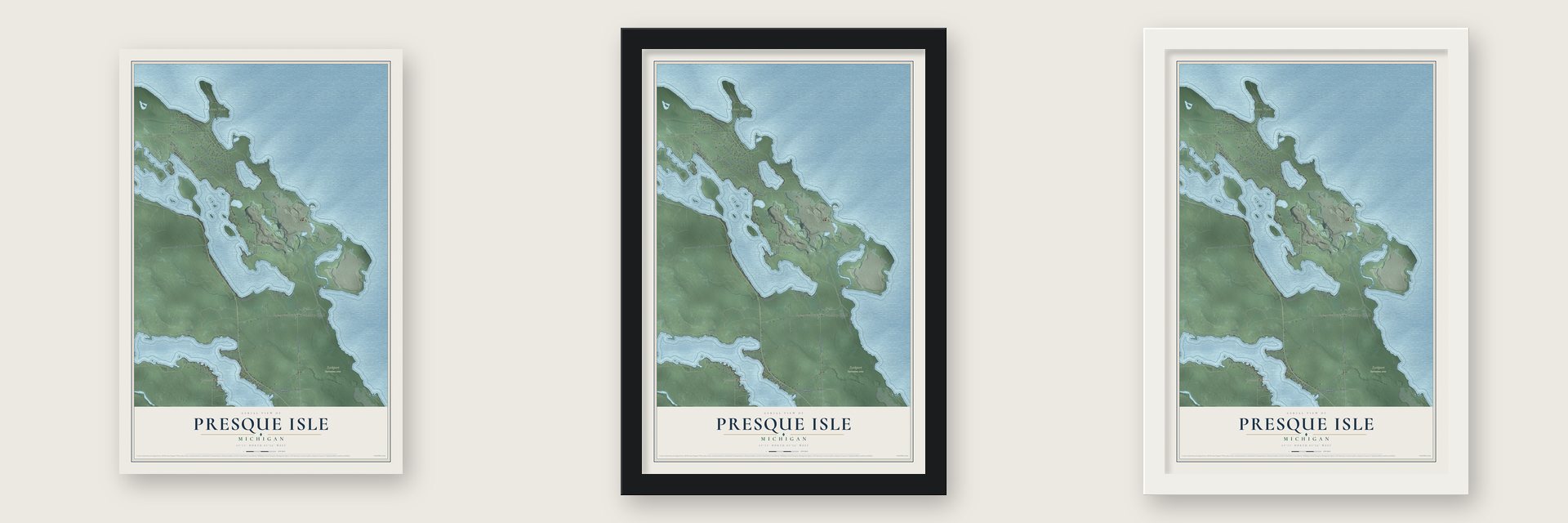 Presque Isle, Michigan map unframed, in a black wood frame and in a white wood frame