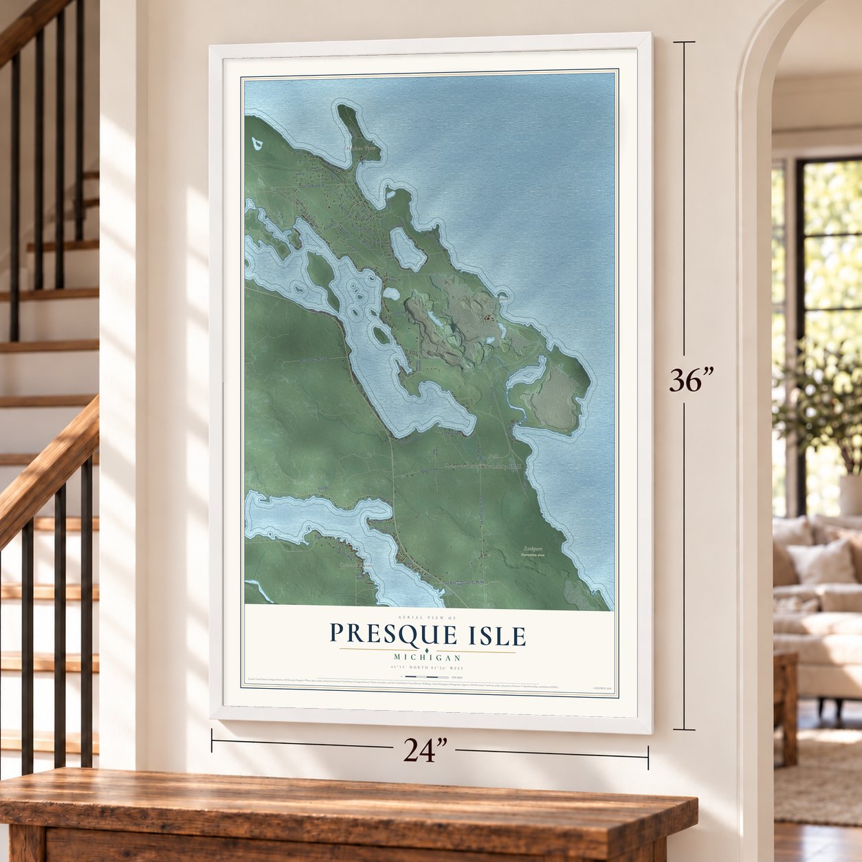 Presque Isle, Michigan map, 24 x 36 inch print in a white frame by a staircase