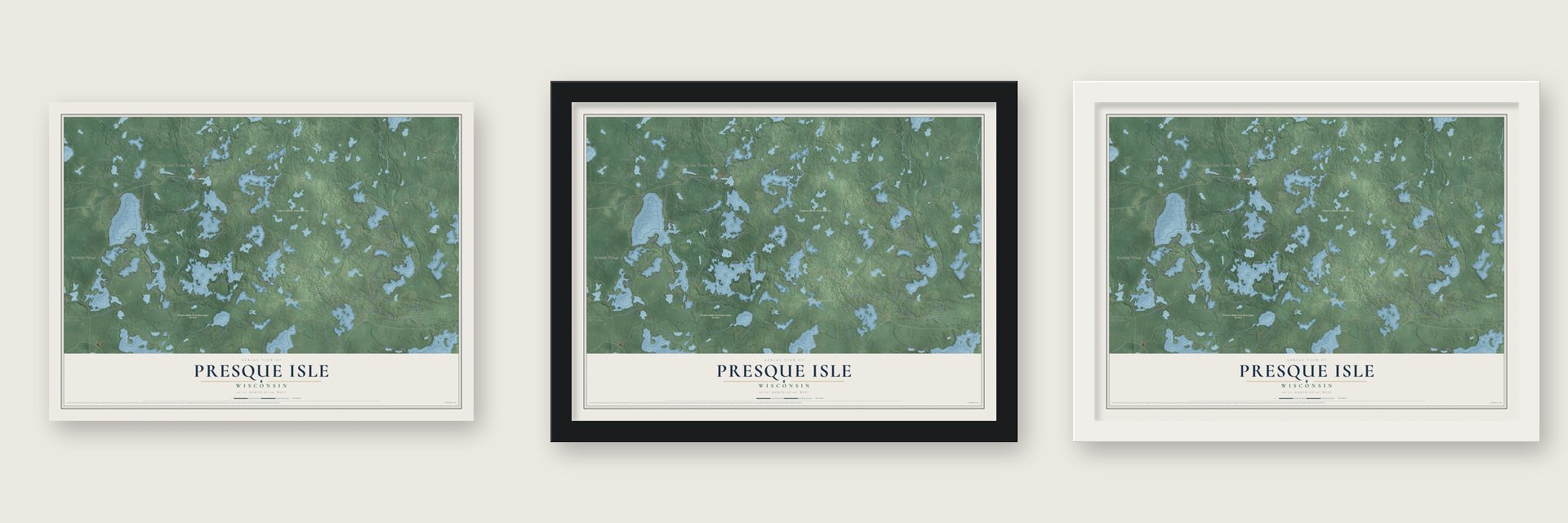Presque Isle, Wisconsin map unframed, in a black wood frame and in a white wood frame