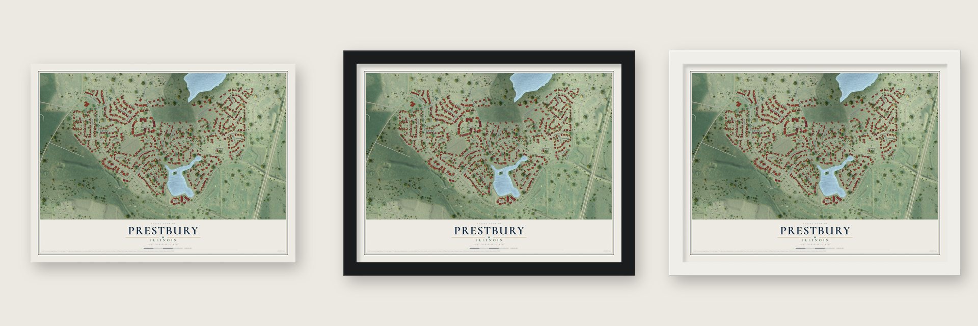 Prestbury, Illinois map unframed, in a black wood frame and in a white wood frame
