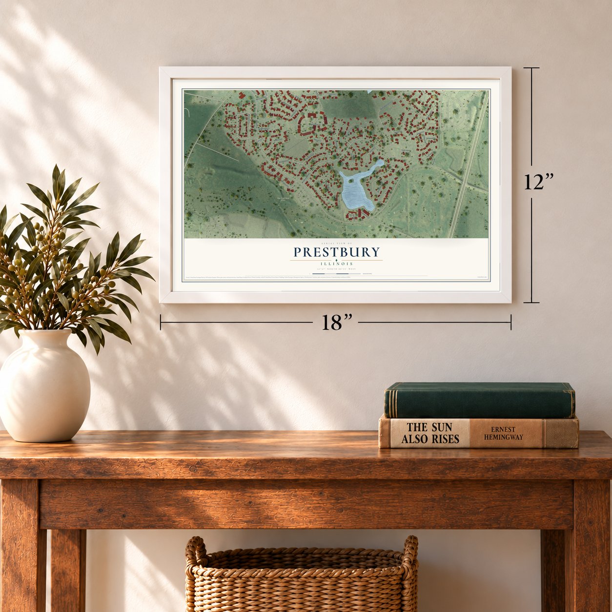 Prestbury, Illinois map, 12 x 18 inch print in a white frame in an entryway