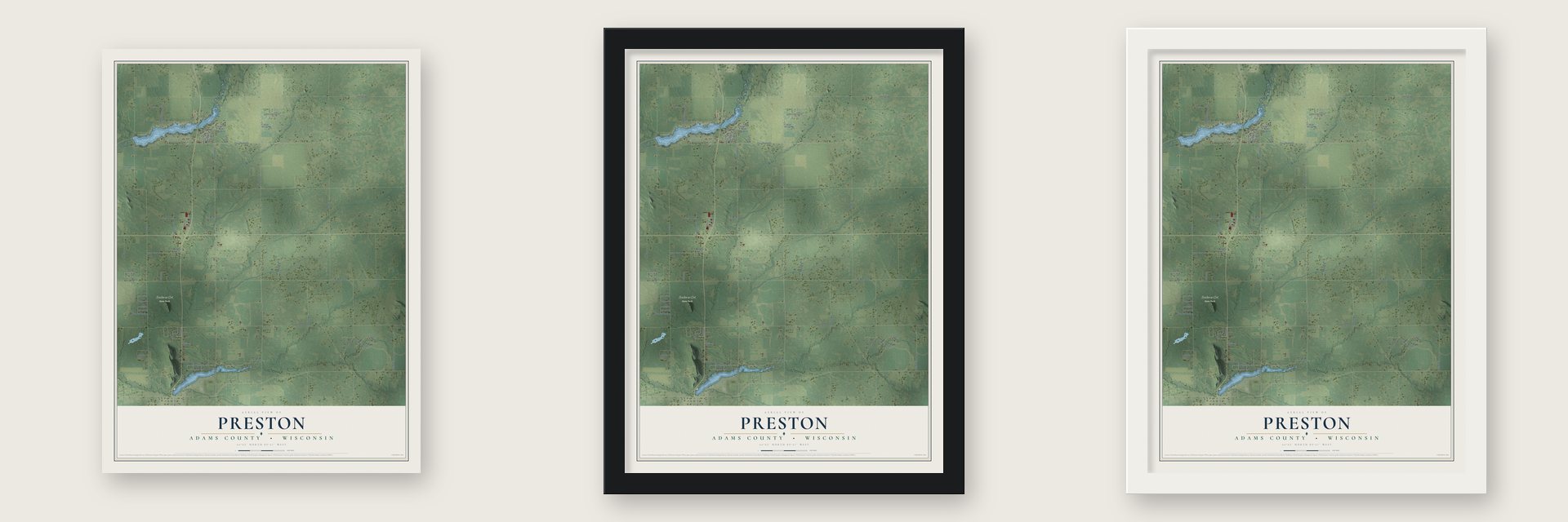 Preston, Adams County, Wisconsin map unframed, in a black wood frame and in a white wood frame