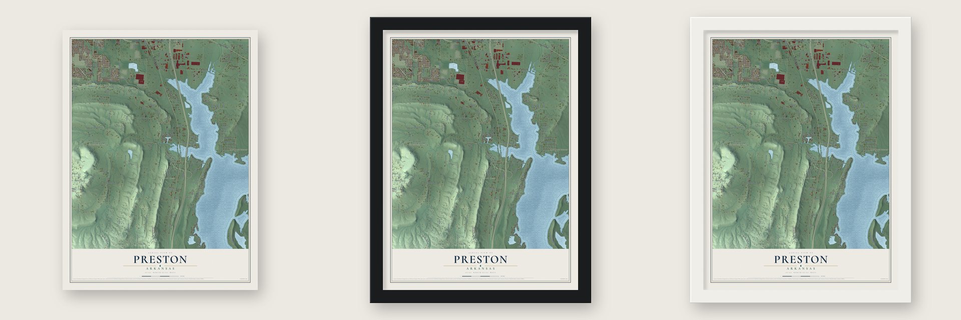 Preston, Arkansas map unframed, in a black wood frame and in a white wood frame