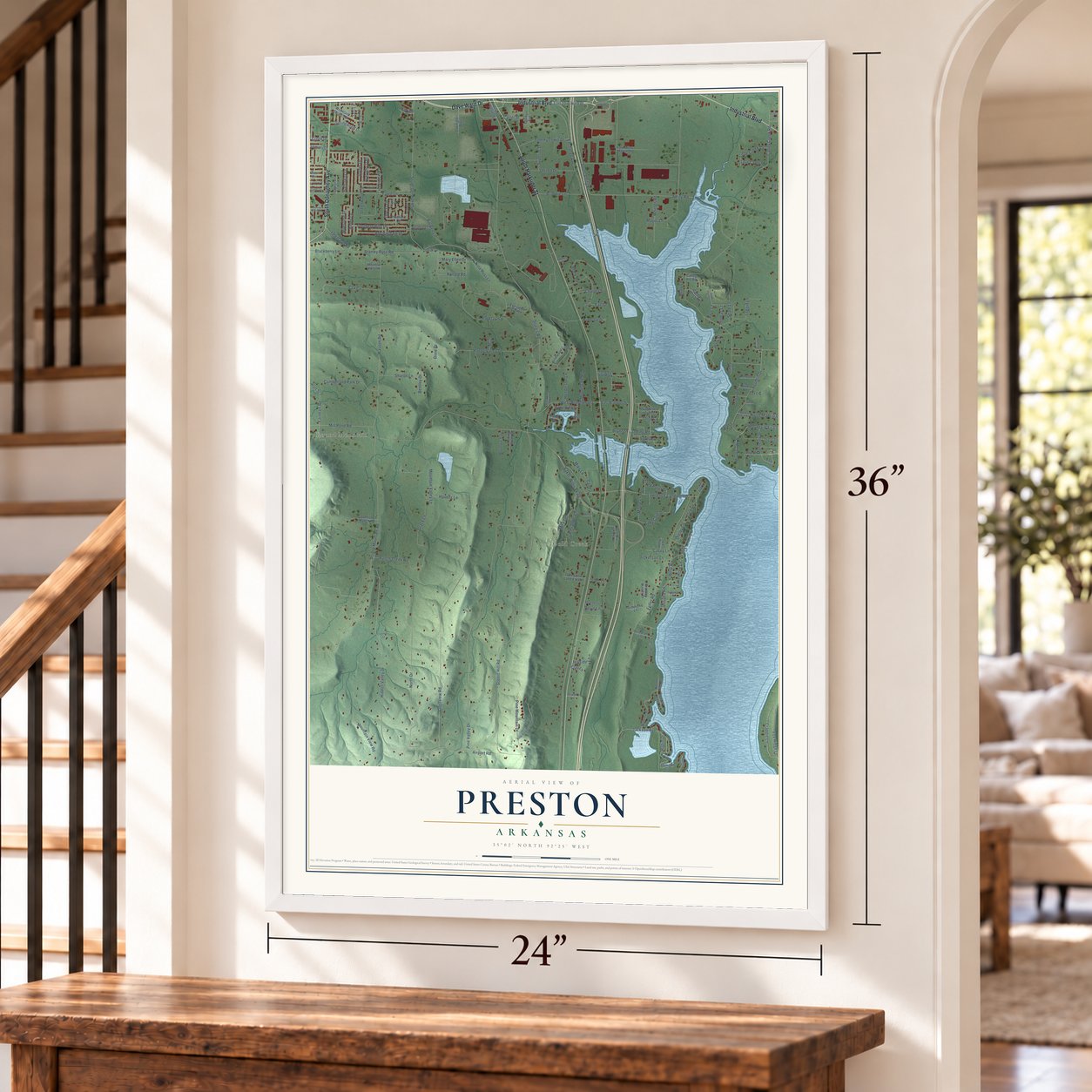 Preston, Arkansas map, 24 x 36 inch print in a white frame by a staircase