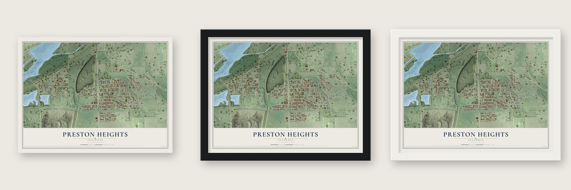 Preston Heights, Illinois map unframed, in a black wood frame and in a white wood frame