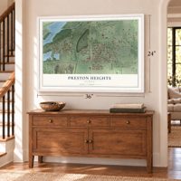 Preston Heights, Illinois map, 24 x 36 inch print in a white frame above a dresser by a staircase