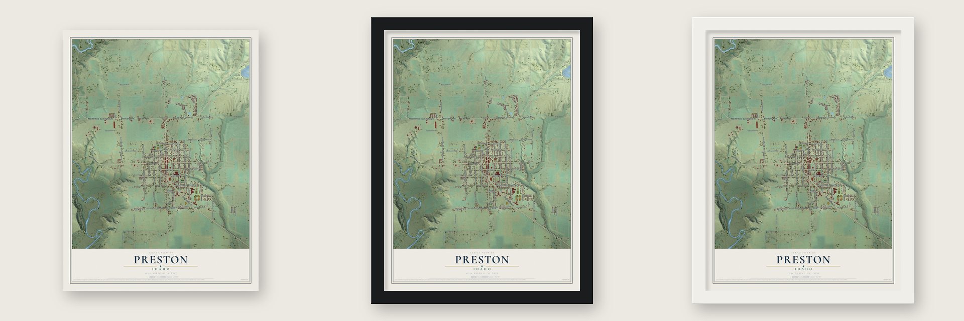 Preston, Idaho map unframed, in a black wood frame and in a white wood frame