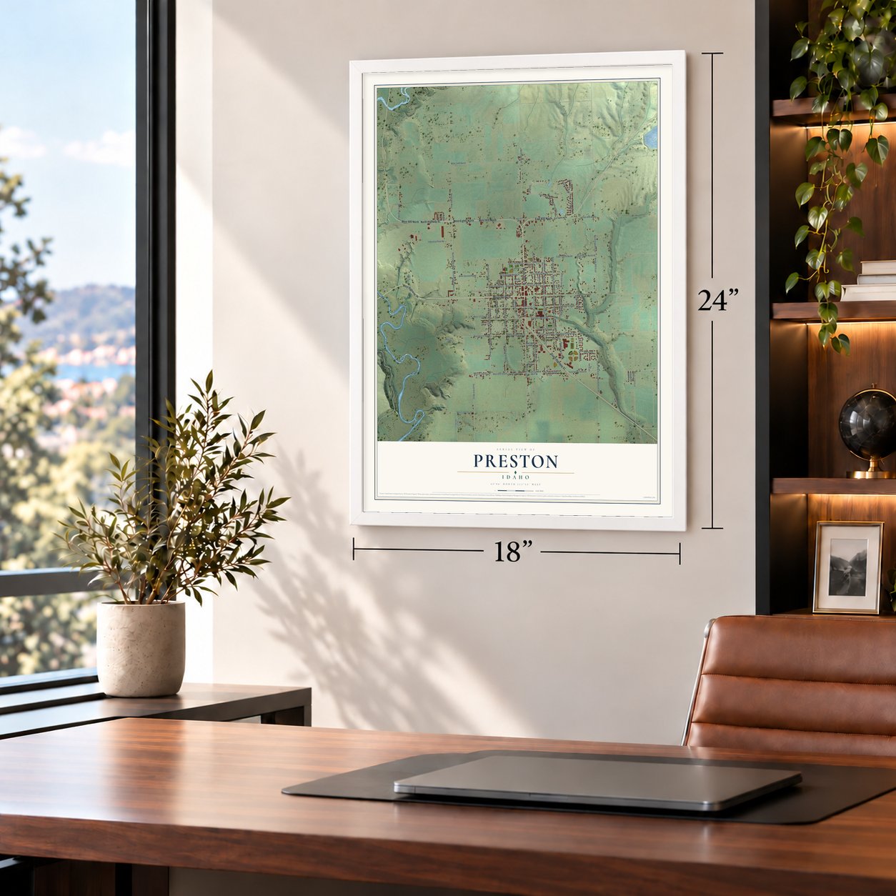 Preston, Idaho map, 18 x 24 inch print in a white frame in a home office