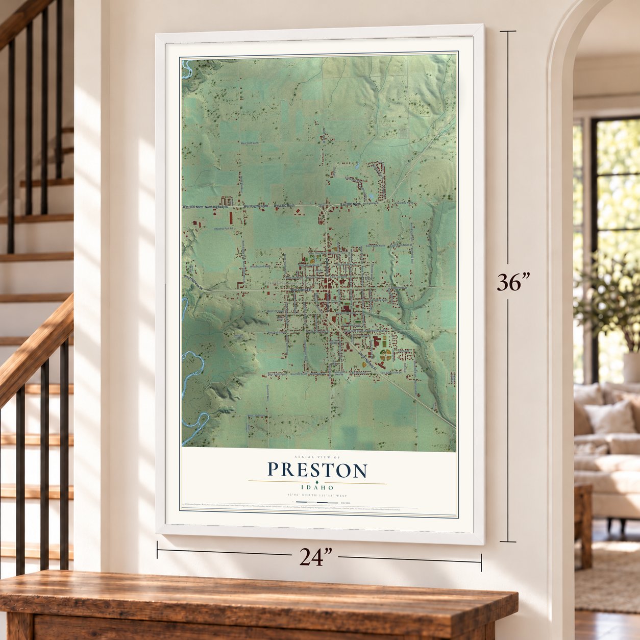 Preston, Idaho map, 24 x 36 inch print in a white frame by a staircase