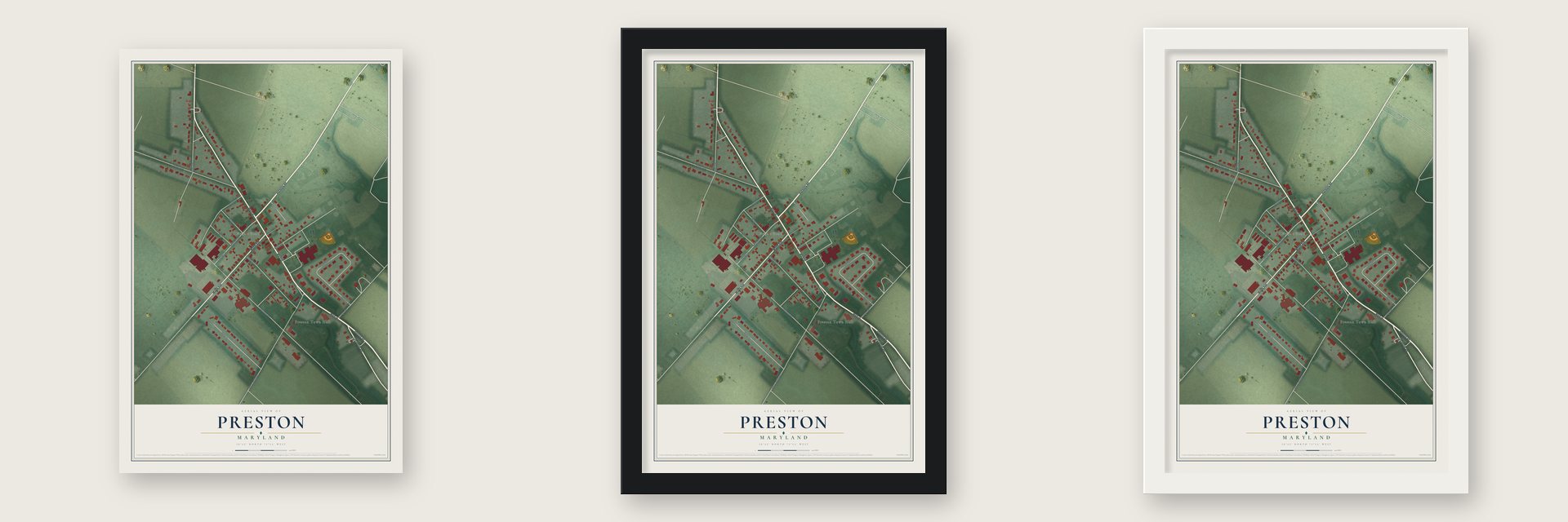 Preston, Maryland map unframed, in a black wood frame and in a white wood frame
