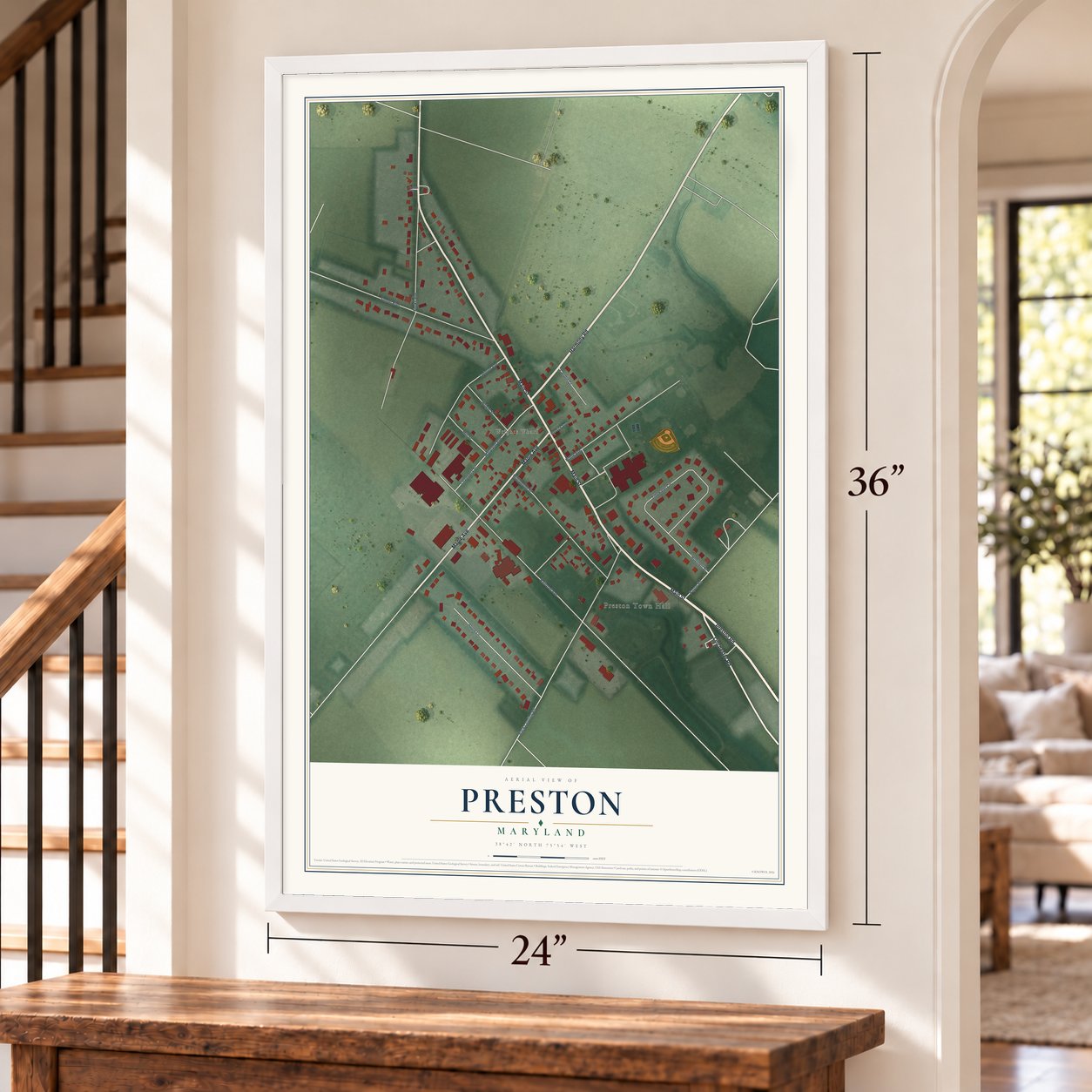 Preston, Maryland map, 24 x 36 inch print in a white frame by a staircase