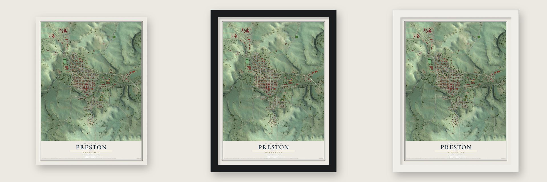 Preston, Minnesota map unframed, in a black wood frame and in a white wood frame