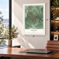Preston, Minnesota map, 18 x 24 inch print in a white frame in a home office