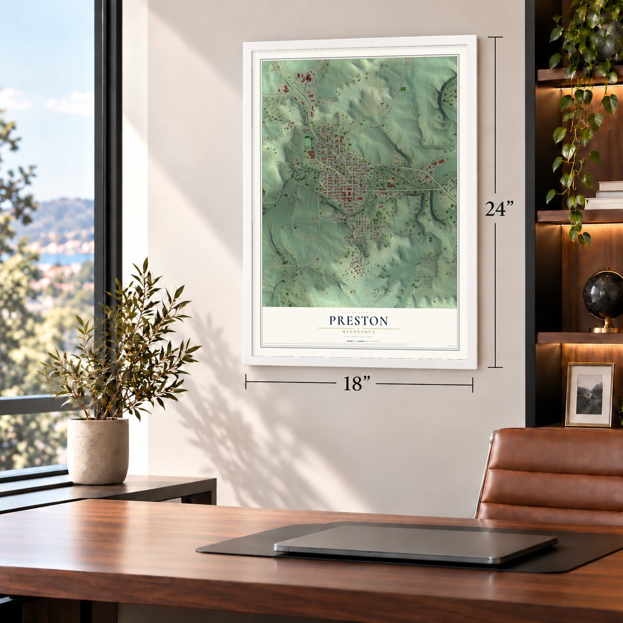 Preston, Minnesota map, 18 x 24 inch print in a white frame in a home office