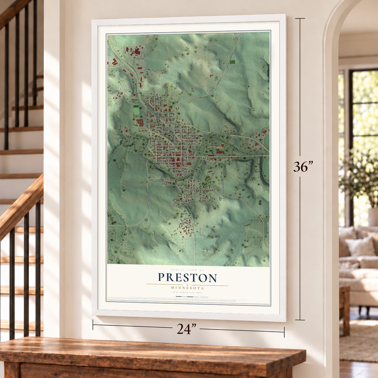 Preston, Minnesota map, 24 x 36 inch print in a white frame by a staircase