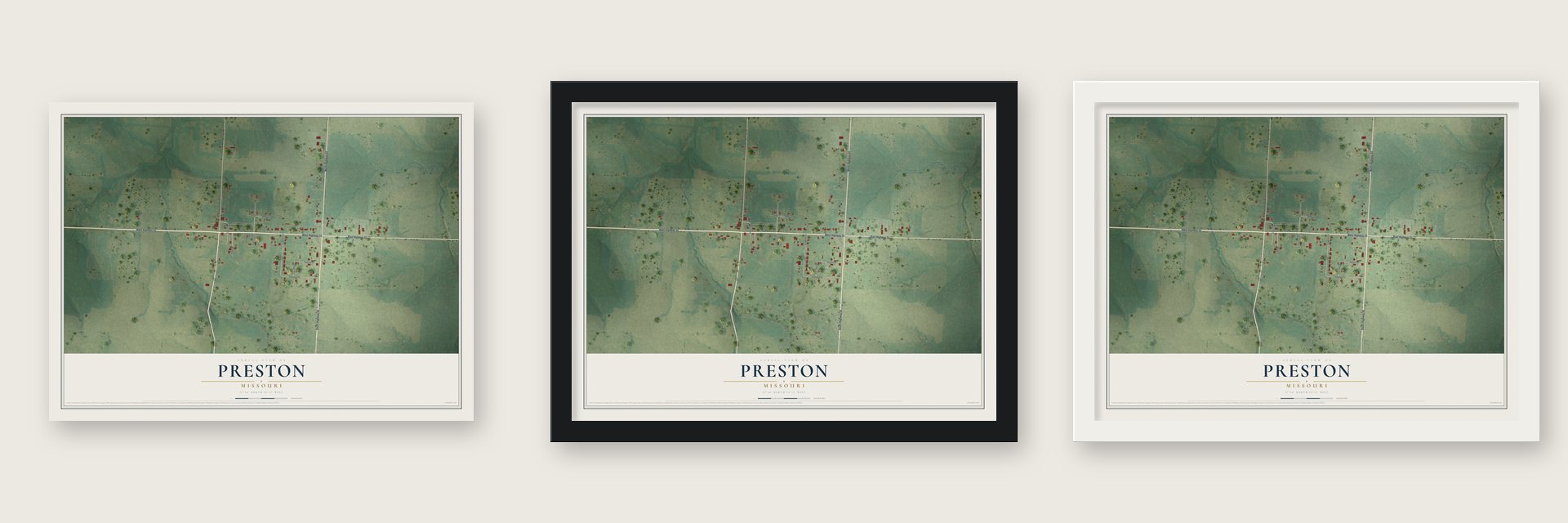 Preston, Missouri map unframed, in a black wood frame and in a white wood frame