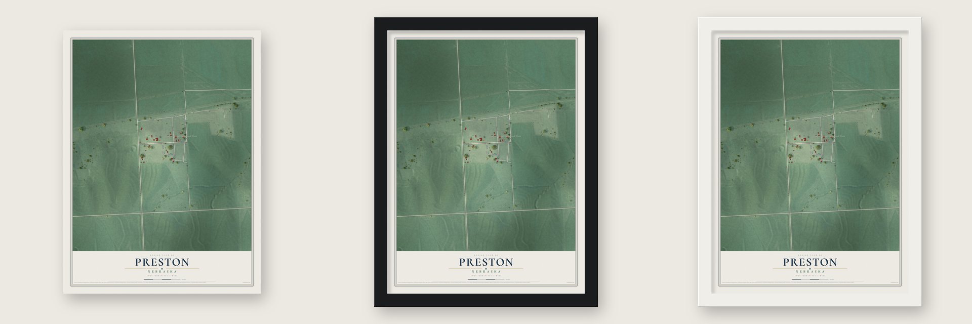 Preston, Nebraska map unframed, in a black wood frame and in a white wood frame
