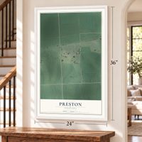 Preston, Nebraska map, 24 x 36 inch print in a white frame by a staircase