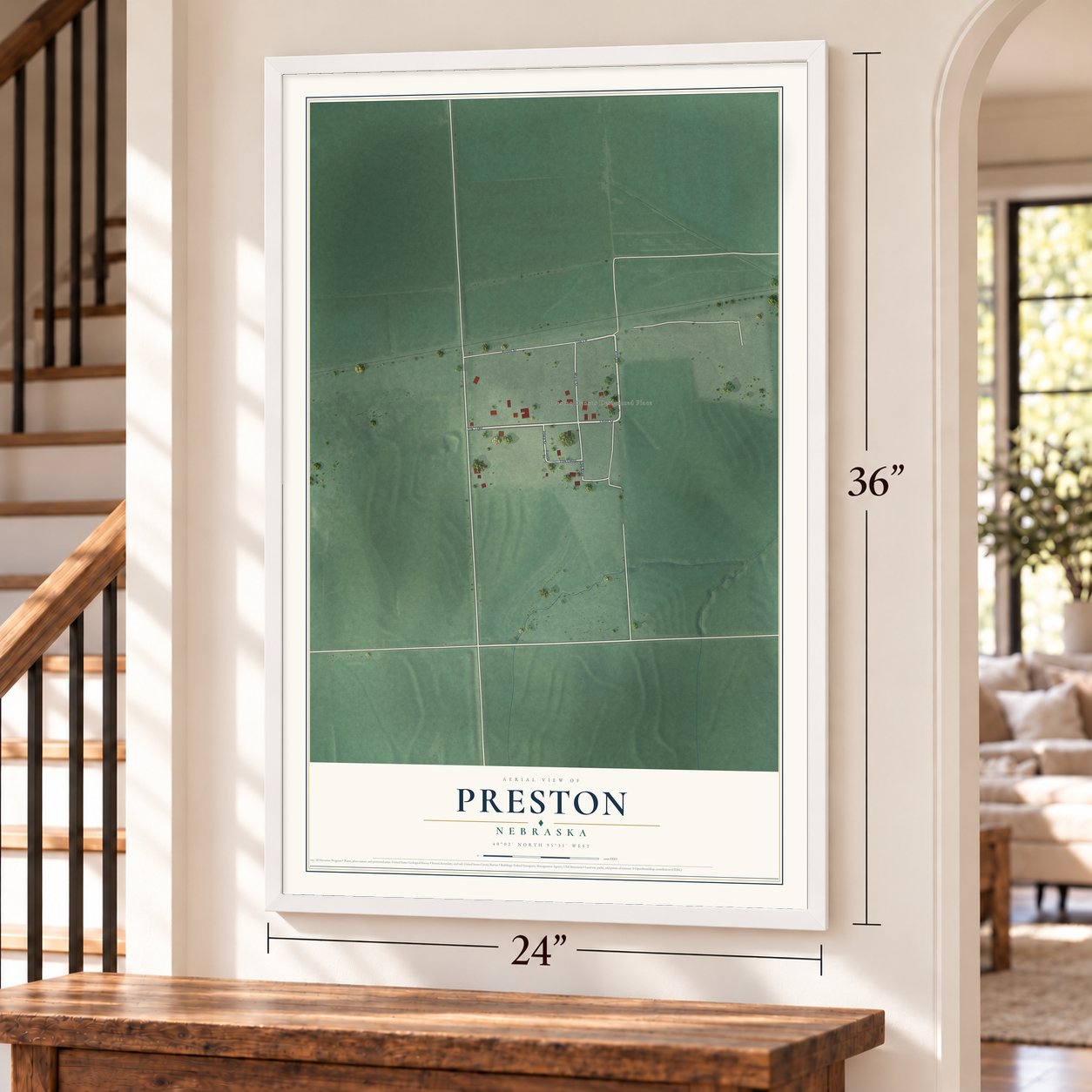 Preston, Nebraska map, 24 x 36 inch print in a white frame by a staircase