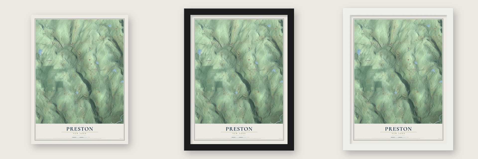 Preston, New York map unframed, in a black wood frame and in a white wood frame