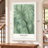 Preston, New York map, 24 x 36 inch print in a white frame by a staircase