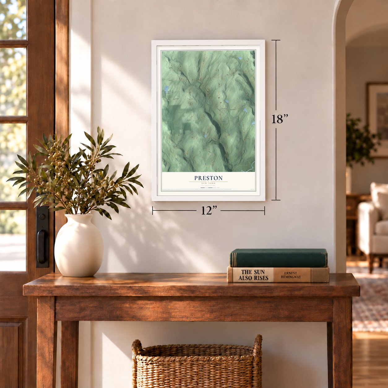 Preston, New York map, 12 x 18 inch print in a white frame in an entryway