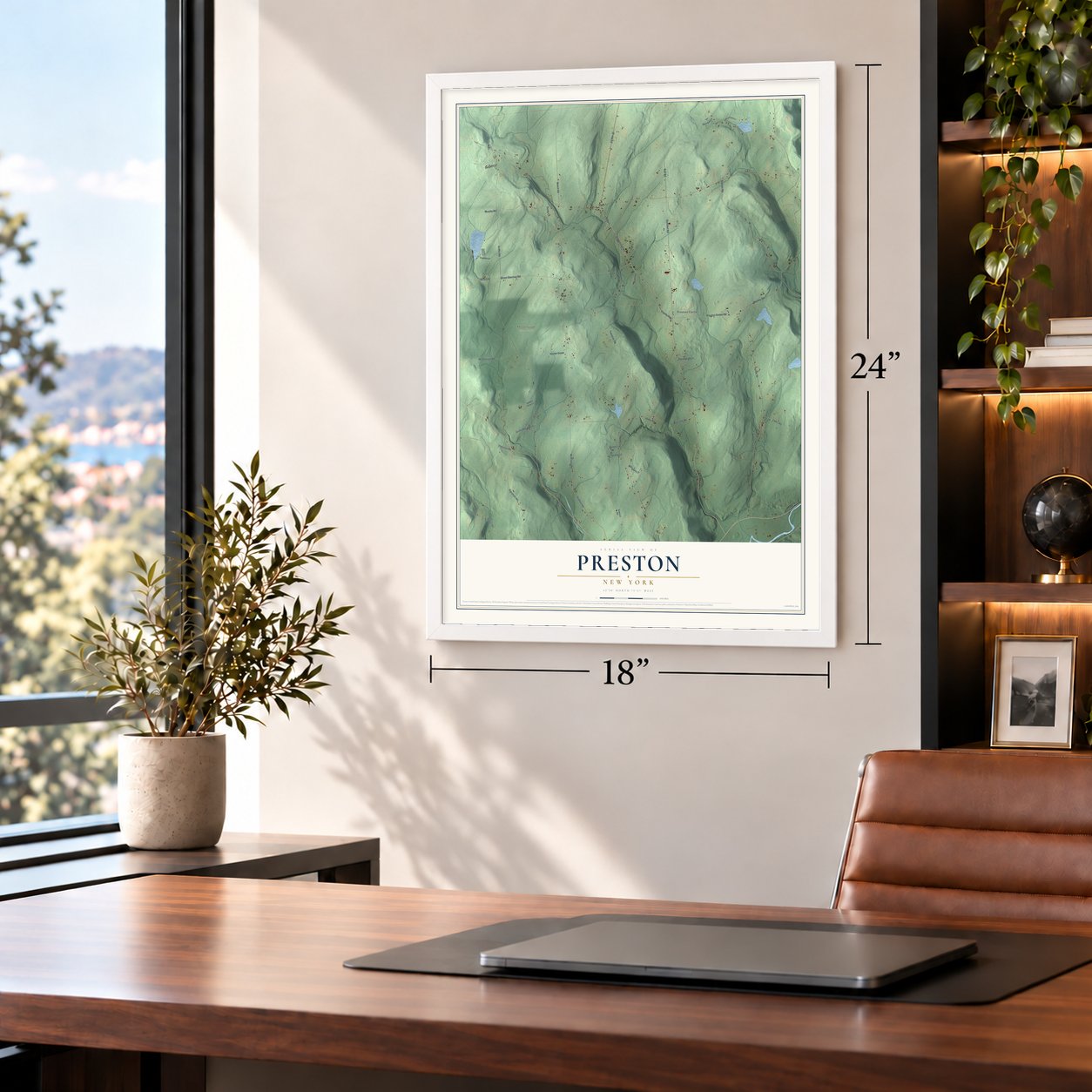 Preston, New York map, 18 x 24 inch print in a white frame in a home office