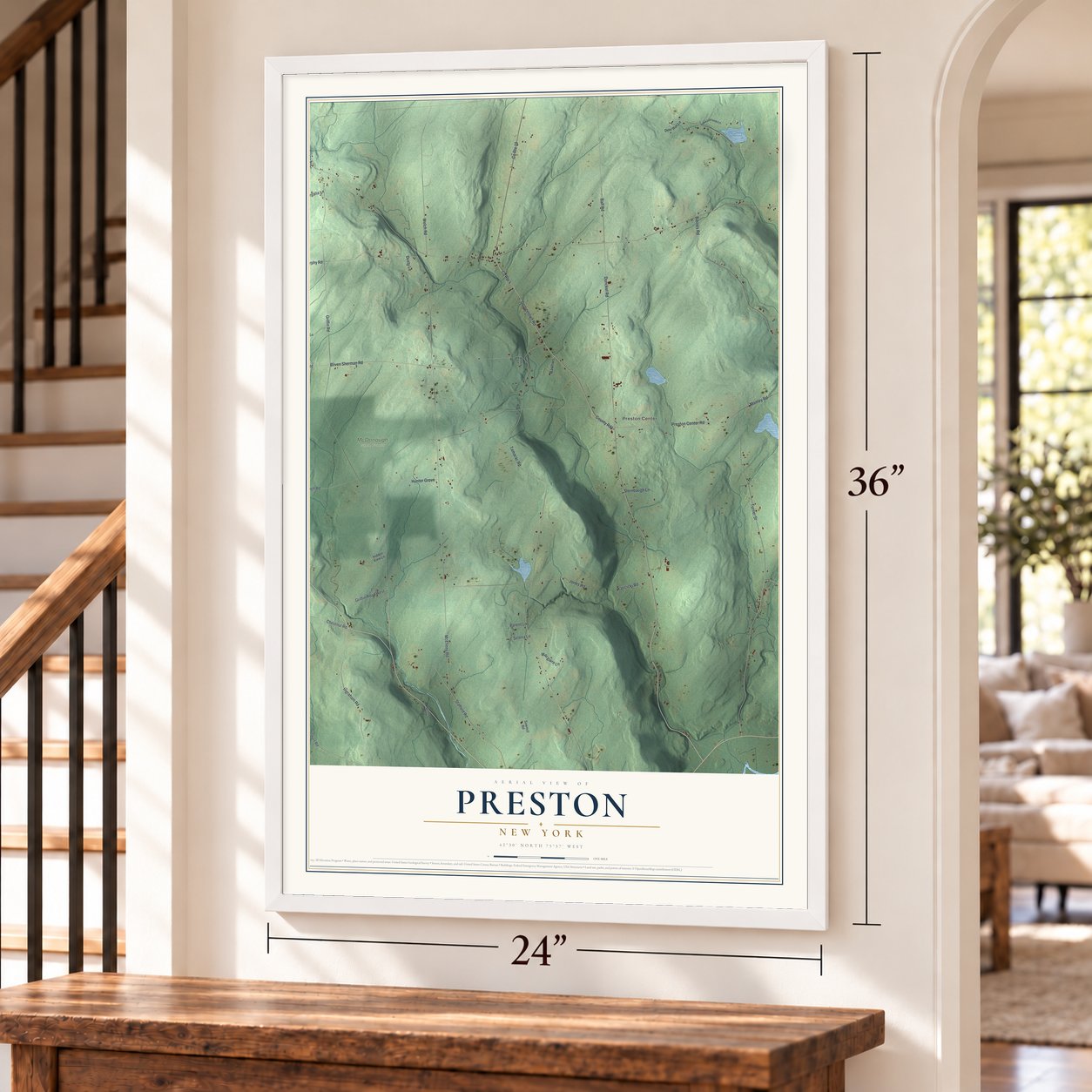 Preston, New York map, 24 x 36 inch print in a white frame by a staircase