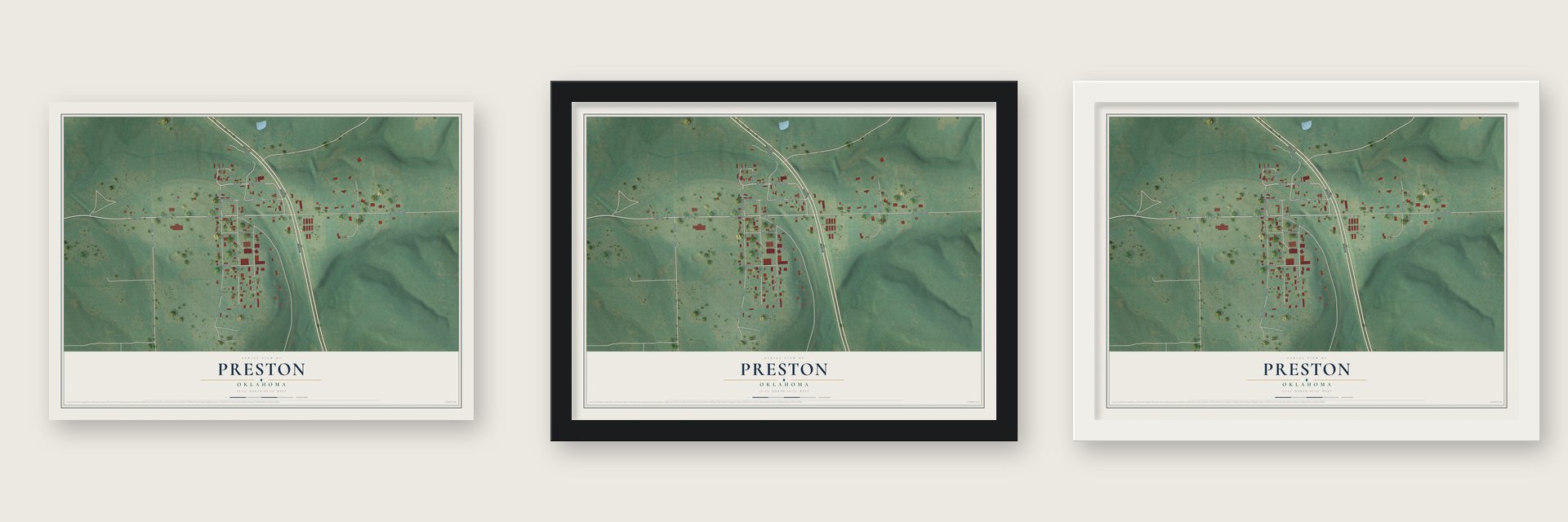 Preston, Oklahoma map unframed, in a black wood frame and in a white wood frame