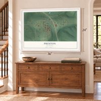 Preston, Oklahoma map, 24 x 36 inch print in a white frame above a dresser by a staircase